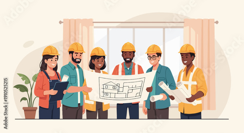 Diverse construction team reviewing building plans indoors