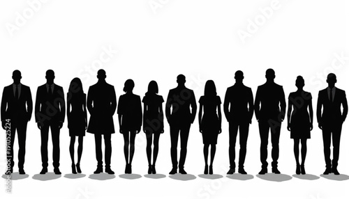 Black Silhouette Diverse People Standing Isolated on White Background