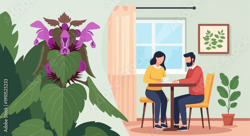 Flat illustration of a couple enjoying coffee indoors with a plant nearby