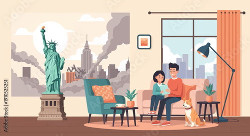 Family reading a book with Statue of Liberty and cityscape outside