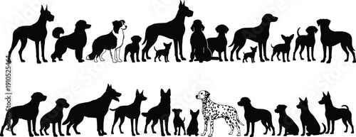 Dog silhouette vector illustrations, diverse breeds and poses, creative pet art designs, Dalmatian detail, logo inspiration, tattoo graphics, animal portraits