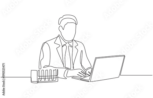 Continuous one line drawing of researcher entering experimental results into laptop, laboratory research concept, single line art.