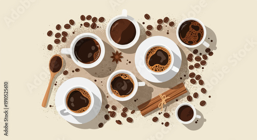 Flat lay of multiple cups of coffee, beans, cinnamon sticks, and a spoon
