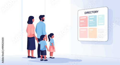 Family observing a directory board with information panels