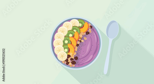 Flat illustration of a healthy fruit smoothie bowl with banana, kiwi, peach, and toppings