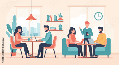 Diverse individuals collaborate and work using laptops in a modern coworking space