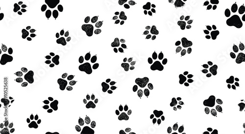 Animal paw print vector illustration, scattered black footprints design, decorative pet track artwork, abstract wildlife motif, textured nature pattern