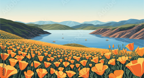 Field of vibrant orange poppies blankets a hillside beside a tranquil blue lake, with rolling green mountains in the distance