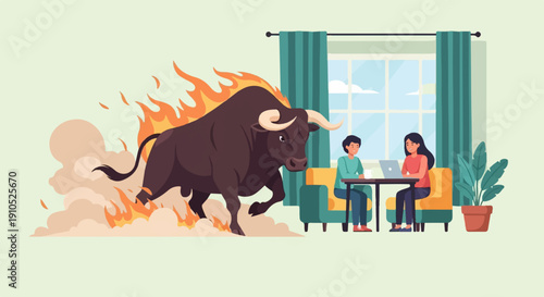 Fierce bull engulfed in flames charges toward two people working on laptops
