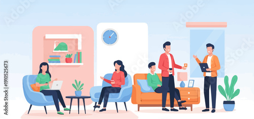 Diverse individuals collaborate in a modern, comfortable indoor workspace