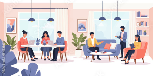 Diverse individuals collaborate in a stylish, modern office space