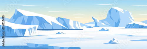 Flat, minimalist arctic landscape with blue icebergs and pale yellow sky