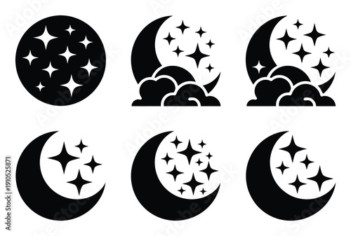 Collection of Moon and Star Icons: Night Sky Celestial Symbols