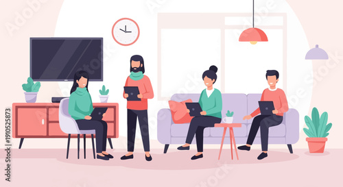 Diverse individuals collaborate on laptops in a modern, relaxed living room space