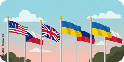 Diverse flags fly against a sky with clouds and pastel hues