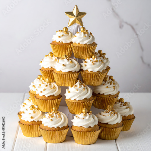 Wallpaper Mural Cupcake tree tiered golden cupcakes, white frosting, golden star Torontodigital.ca