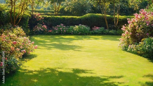 Sunlit green lawn framed by trimmed hedges, blooming pink flower bushes and small trees casting dappled shadows, a peaceful serene garden retreat