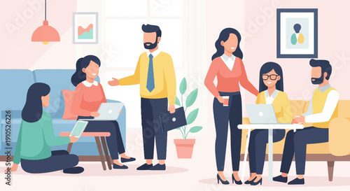 Diverse group collaborates in a modern office space with laptops and tablets