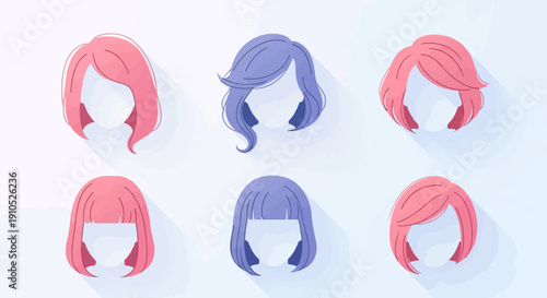 Flat style vector icons of diverse hairstyles in pink and purple colors