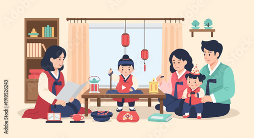 Family in traditional attire gathers for a meal and activity