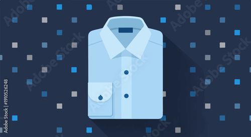 Flat illustration of a light blue folded collared shirt on a dark background with pixelated squares