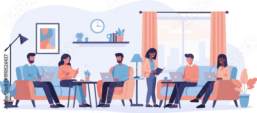 Diverse group collaborates remotely in a modern, cozy living space