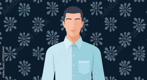 Flat illustration of a man in a light blue collared shirt against a dark blue patterned background