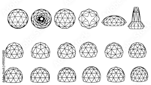 Geodesic sphere hexagon triangle line art pattern showcasing modern geometric dome structures with futuristic abstract architectural vector elements and design innovation.