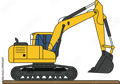 Yellow Excavator Construction Machine Vector Illustration Isolated on White Background