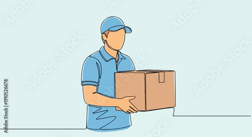 Delivery person in blue uniform with cap holding a cardboard box