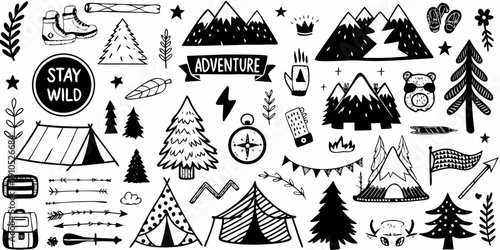 Hand drawn camping and outdoor adventure themed doodle set in black and white