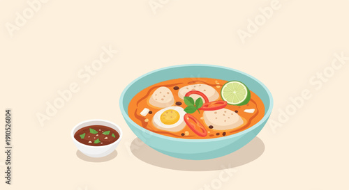 Flavorful Asian soup with meatballs, egg, lime, and chili served with dipping sauce