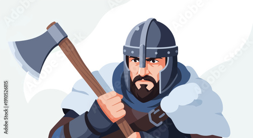 Fierce warrior with axe and helmet, ready for battle