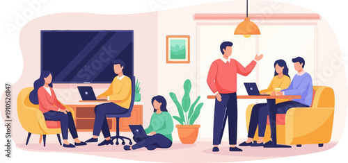 Diverse group collaborating and working on laptops in a modern, bright office space