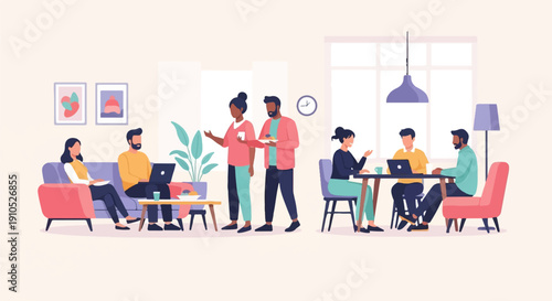 Diverse group collaborating and working together in a modern, bright room