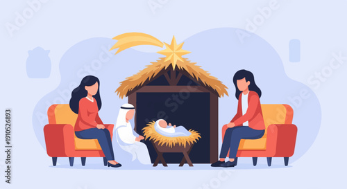 Flat illustration of a nativity scene with a baby in a manger and two observers