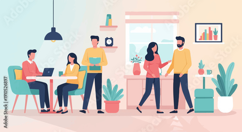 Diverse group collaborating in a bright, modern office space with plants