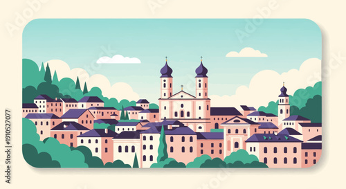 Flat illustration of a picturesque European town with a grand church at its center
