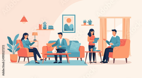 Diverse individuals converse in a cozy, well-lit living room setting