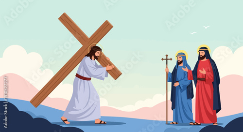 Figures carrying cross with companions under sky