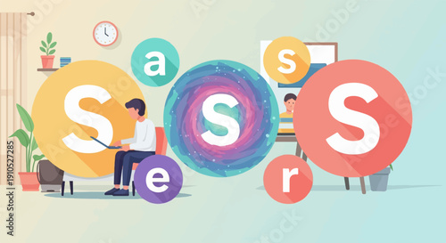 Diverse individuals collaborating, surrounded by colorful circles with letters
