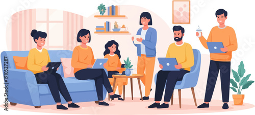 Diverse group collaborating with laptops and tablets in a cozy, modern indoor setting