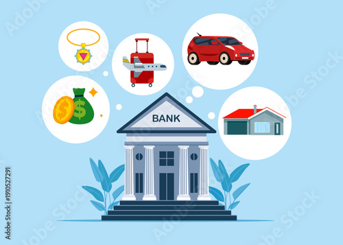 Money in bank, our dreams on the background. House, car, travel, decorations, budget, finance, money savings.