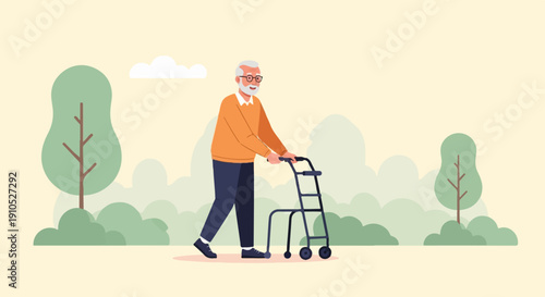 Elderly man with walker strolling through a park with trees and clouds
