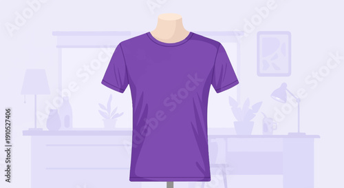 Flat illustration of a purple t-shirt on a mannequin in a minimalist room