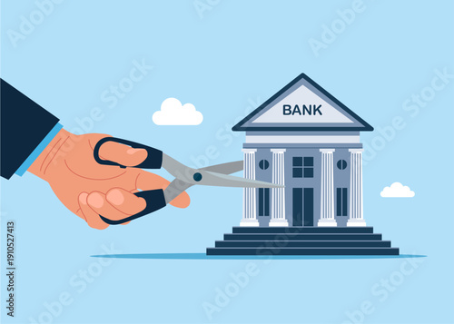 Hand uses scissors to cut bank house with scissors. Divide money, share profits. Cost reduction or cut price. Flat vector illustration