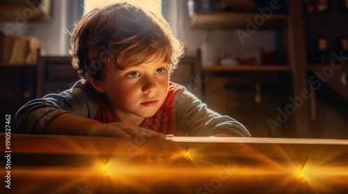 Young Boy Gazing Intently at a Mysterious Glowing Object.
