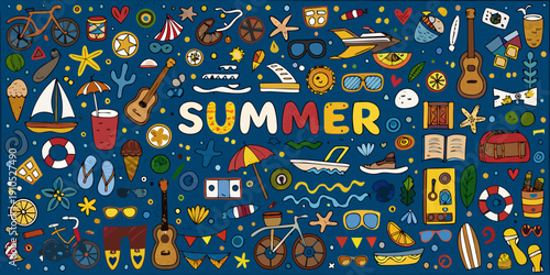 Colorful summer doodles and icons arranged on a vibrant blue background