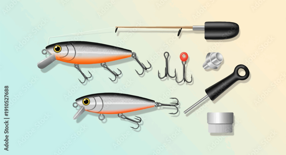 Fototapeta premium Fishing lures and tackle with rod and hooks on a light background
