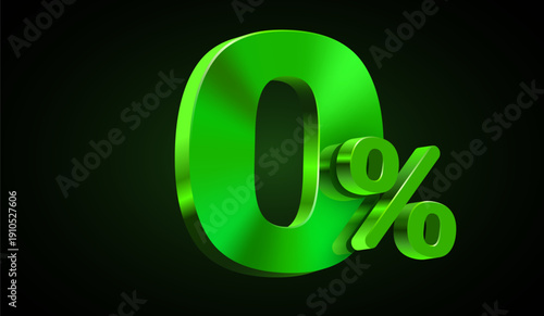 Glossy green 0 percents symbol in 3D on a dark background, perfect for promotions, discounts, or special offers. Vector illustration.